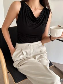 DAZY Feste drapierte Kragen Trägertop Ausgeh-Oberteile für Frauen - Schwarz - Übersicht 8