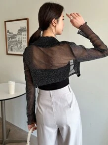 DAZY Áo crop top hở phía trước đơn giản cho mùa thu - màu đen - Xem 2