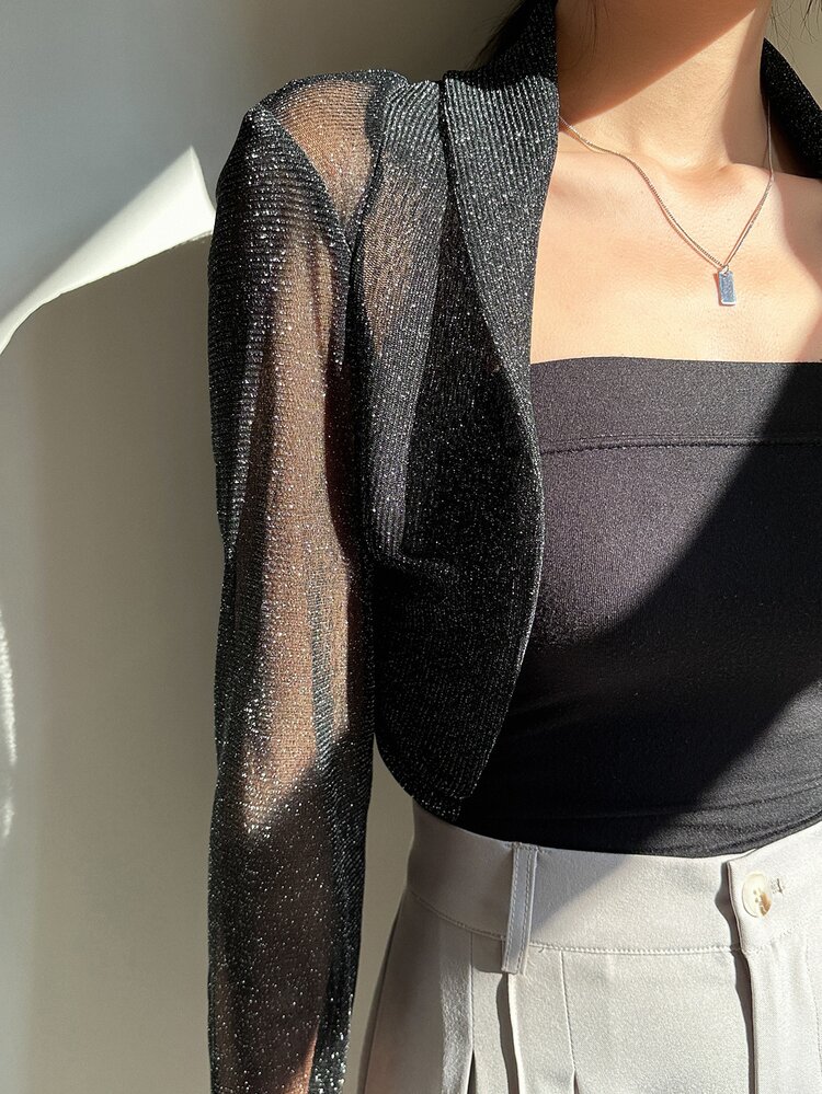 DAZY Áo crop top hở phía trước đơn giản cho mùa thu - màu đen - Xem 8