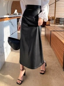 DAZY 高腰开衩PU皮裙 秋冬款 - 黑色 - 查看 3