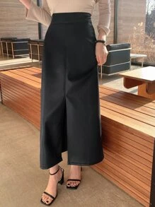 DAZY 高腰开衩PU皮裙 秋冬款 - 黑色 - 查看 4