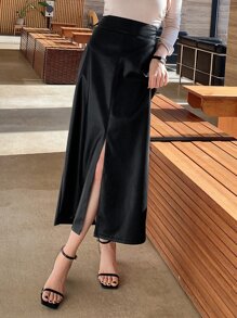 DAZY 高腰开衩PU皮裙 秋冬款 - 黑色 - 查看 5