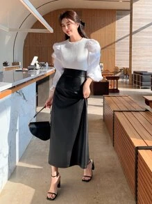 DAZY 高腰开衩PU皮裙 秋冬款 - 黑色 - 查看 6