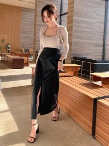 DAZY 高腰开衩PU皮裙 秋冬款 - 黑色 - 查看 7