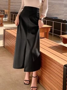 DAZY 高腰开衩PU皮裙 秋冬款 - 黑色 - 查看 8