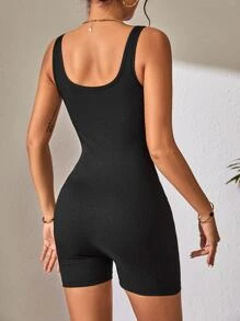 SHEIN Essnce Solid Rib-knit Tank Unitard Romper - Black - View 2