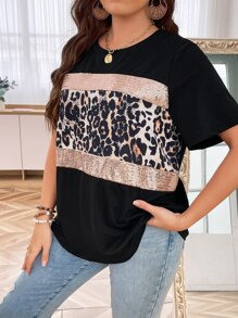 SHEIN LUNE 大碼豹紋印花亮片拼接T恤 - 彩色 - 查看 3