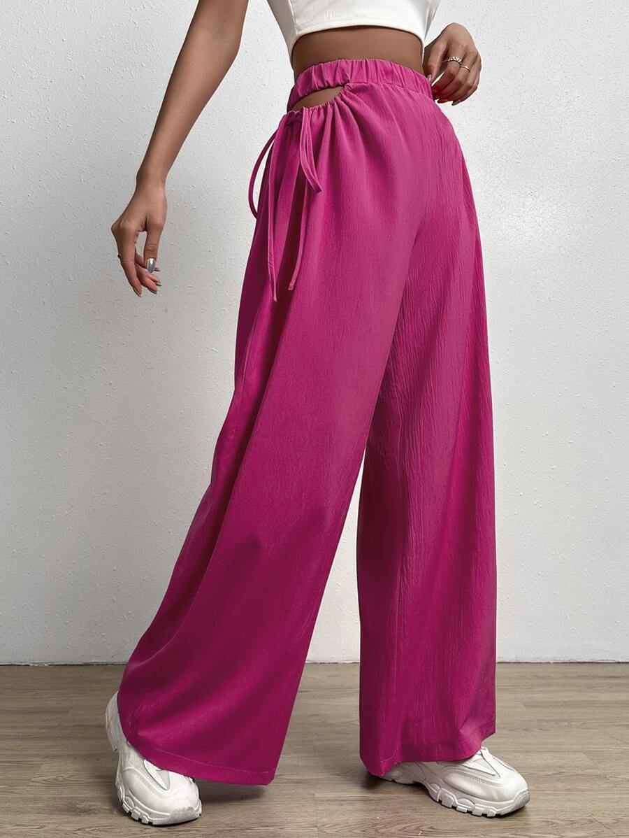 SHEIN Essnce Elastic Waist Knot Side Wide Leg Trousers - Hot Pink - View 1