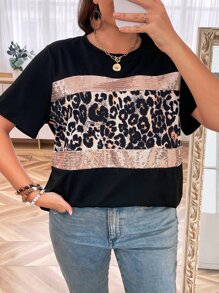 SHEIN LUNE 大碼豹紋印花亮片拼接T恤 - 彩色 - 查看 5