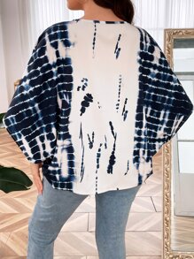 SHEIN LUNE Plus Tie Dye Batwing Sleeve Blouse - Navy Blue - View 2