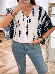 SHEIN LUNE Plus Tie Dye Batwing Sleeve Blouse - Navy Blue - View 5