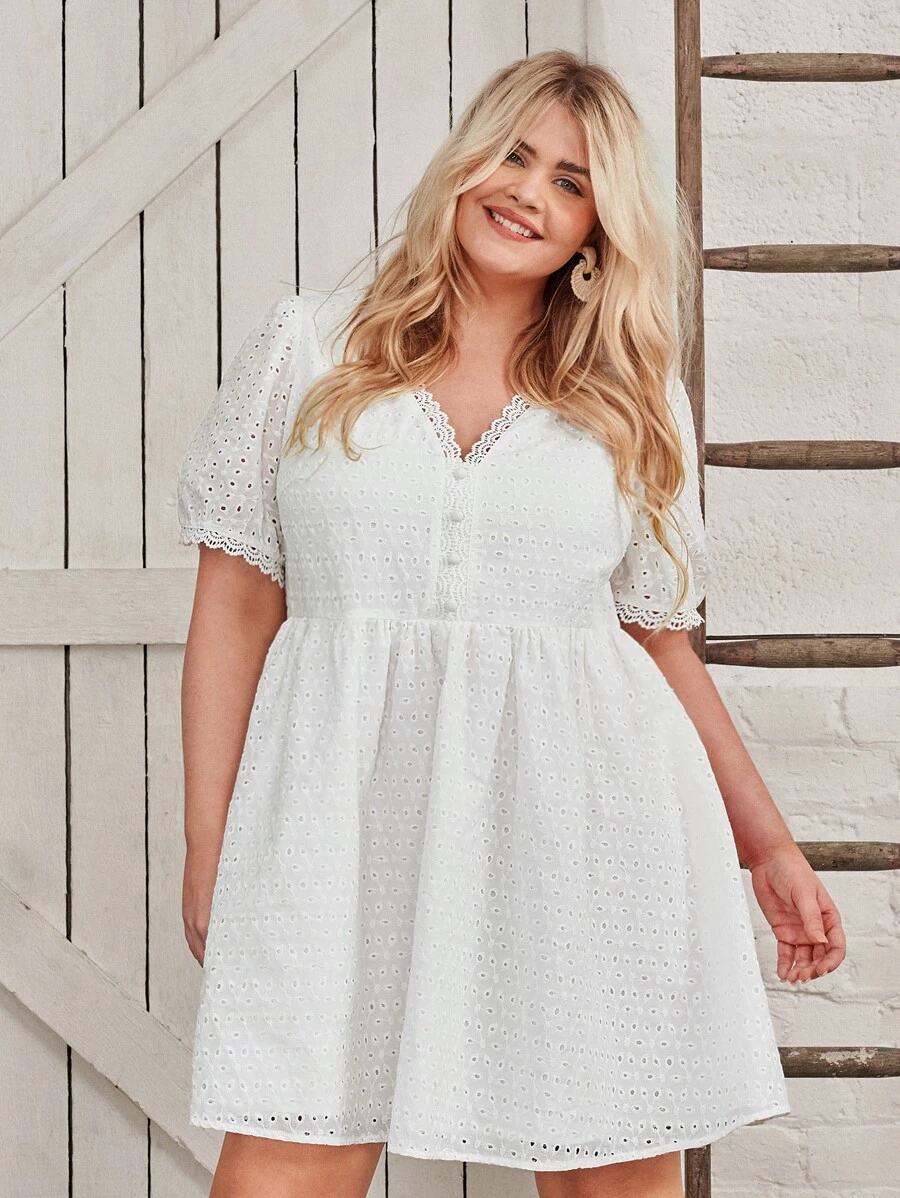 SHEIN VCAY Plus Eyelet Embroidery Puff Sleeve Dress - White - View 1
