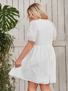 SHEIN VCAY Plus Eyelet Embroidery Puff Sleeve Dress - White - View 2