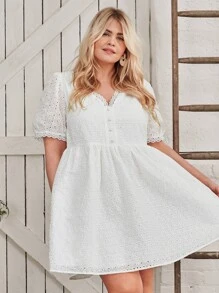 SHEIN VCAY Plus Eyelet Embroidery Puff Sleeve Dress - White - View 7