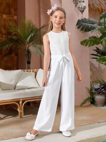 SHEIN Chicas Mono de pierna ancha unicolor con cinturón - Blanco - Ver 3