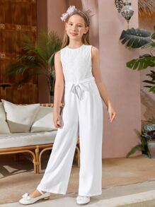 SHEIN Chicas Mono de pierna ancha unicolor con cinturón - Blanco - Ver 4