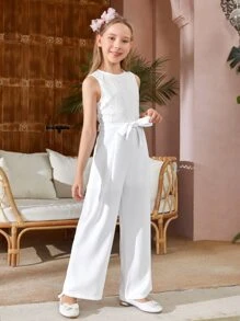 SHEIN Chicas Mono de pierna ancha unicolor con cinturón - Blanco - Ver 5