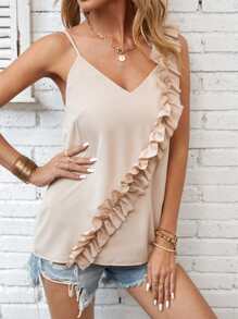 SHEIN Privé 荷葉邊不對稱領荷葉邊吊帶上衣 - 杏色 - 查看 4