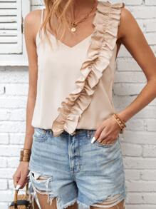 SHEIN Privé 荷葉邊不對稱領荷葉邊吊帶上衣 - 杏色 - 查看 6