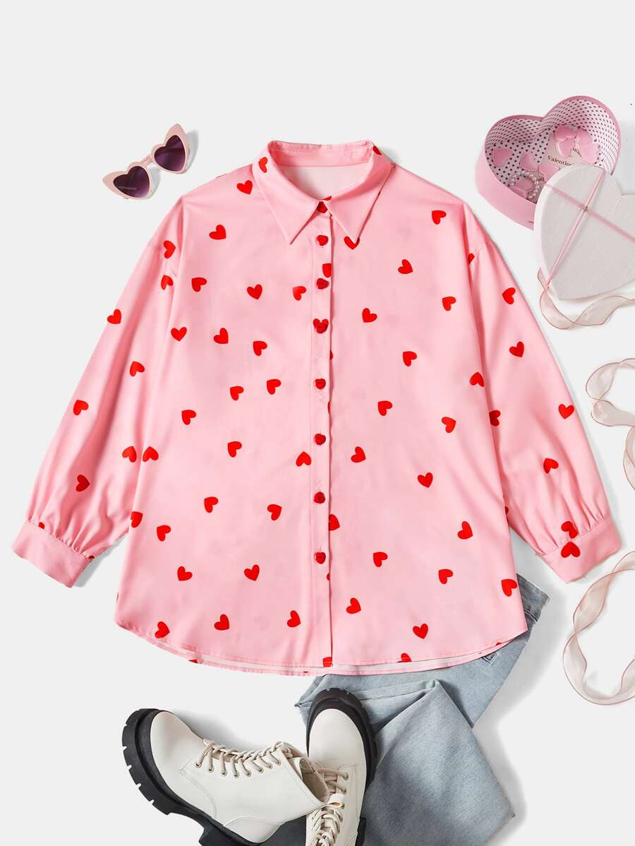 SHEIN EZwear 大碼愛心圖案落肩袖襯衫 - 粉色 - 查看 1