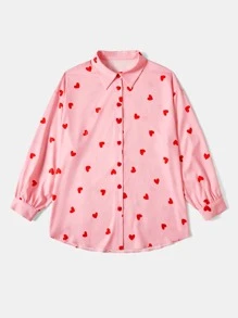 SHEIN EZwear 大碼愛心圖案落肩袖襯衫 - 粉色 - 查看 3