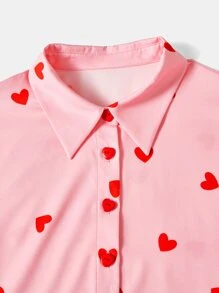 SHEIN EZwear 大碼愛心圖案落肩袖襯衫 - 粉色 - 查看 5