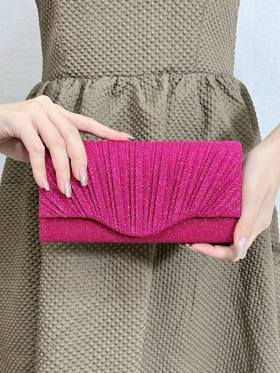 SIIZA 迷人、優雅、精美、安靜的奢華閃片，時尚、奢華、閃亮的迷你霓虹粉色閃爍細褶方形袋晚宴袋，派對女孩、女人、新娘完美搭配派對、婚禮、舞會、晚餐/宴會和雞尾酒 - 玫紅色 - 查看 1