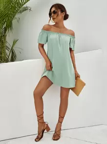 SHEIN Essnce Off Shoulder Frill Trim Dress - Mint Green - View 3
