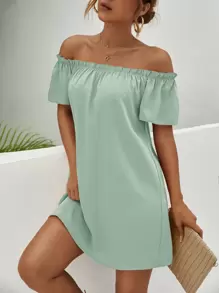 SHEIN Essnce Off Shoulder Frill Trim Dress - Mint Green - View 4