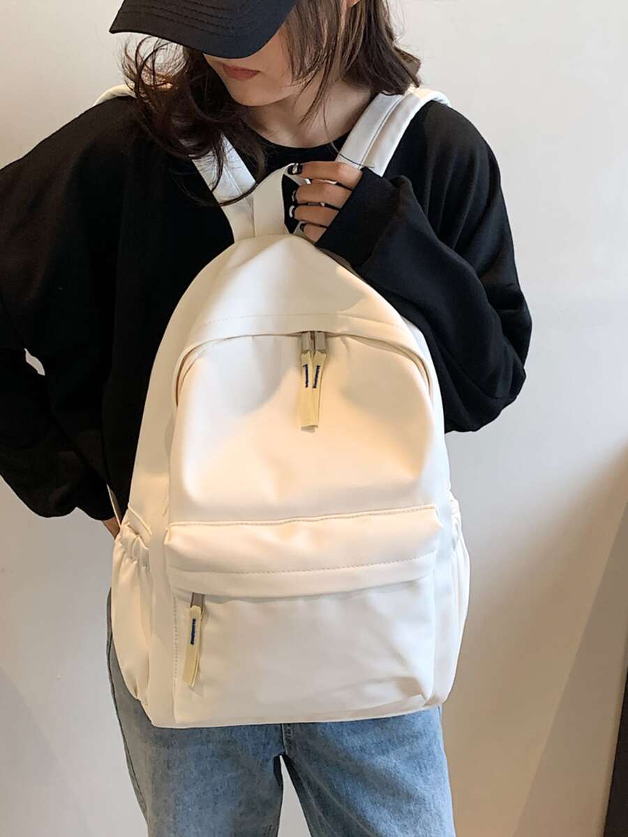 Women's Simple Causal Backpack, Short Trip Daypack, Solid Colour Travel Backpack, School Bag - White - View 1