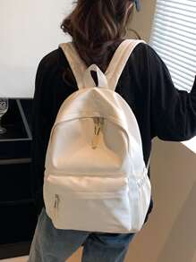 Women's Simple Causal Backpack, Short Trip Daypack, Solid Colour Travel Backpack, School Bag - White - View 3