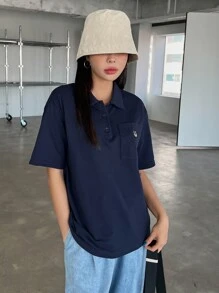 DAZY Patched Pocket Drop Shoulder Polo Shirt - Navy Blue - View 1