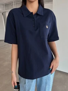 DAZY Patched Pocket Drop Shoulder Polo Shirt - Navy Blue - View 4