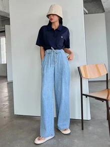 DAZY Patched Pocket Drop Shoulder Polo Shirt - Navy Blue - View 5