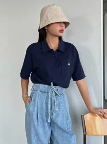 DAZY Patched Pocket Drop Shoulder Polo Shirt - Navy Blue - View 6