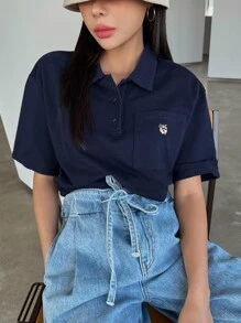 DAZY Patched Pocket Drop Shoulder Polo Shirt - Navy Blue - View 7