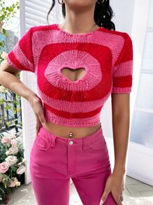 SHEIN EZwear 拼色圖案鏤空針織短上衣 - 粉色 - 查看 4