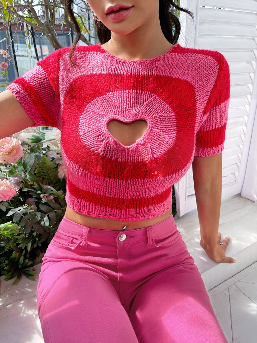 SHEIN EZwear 拼色圖案鏤空針織短上衣 - 粉色 - 查看 1