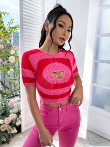 SHEIN EZwear 拼色圖案鏤空針織短上衣 - 粉色 - 查看 5