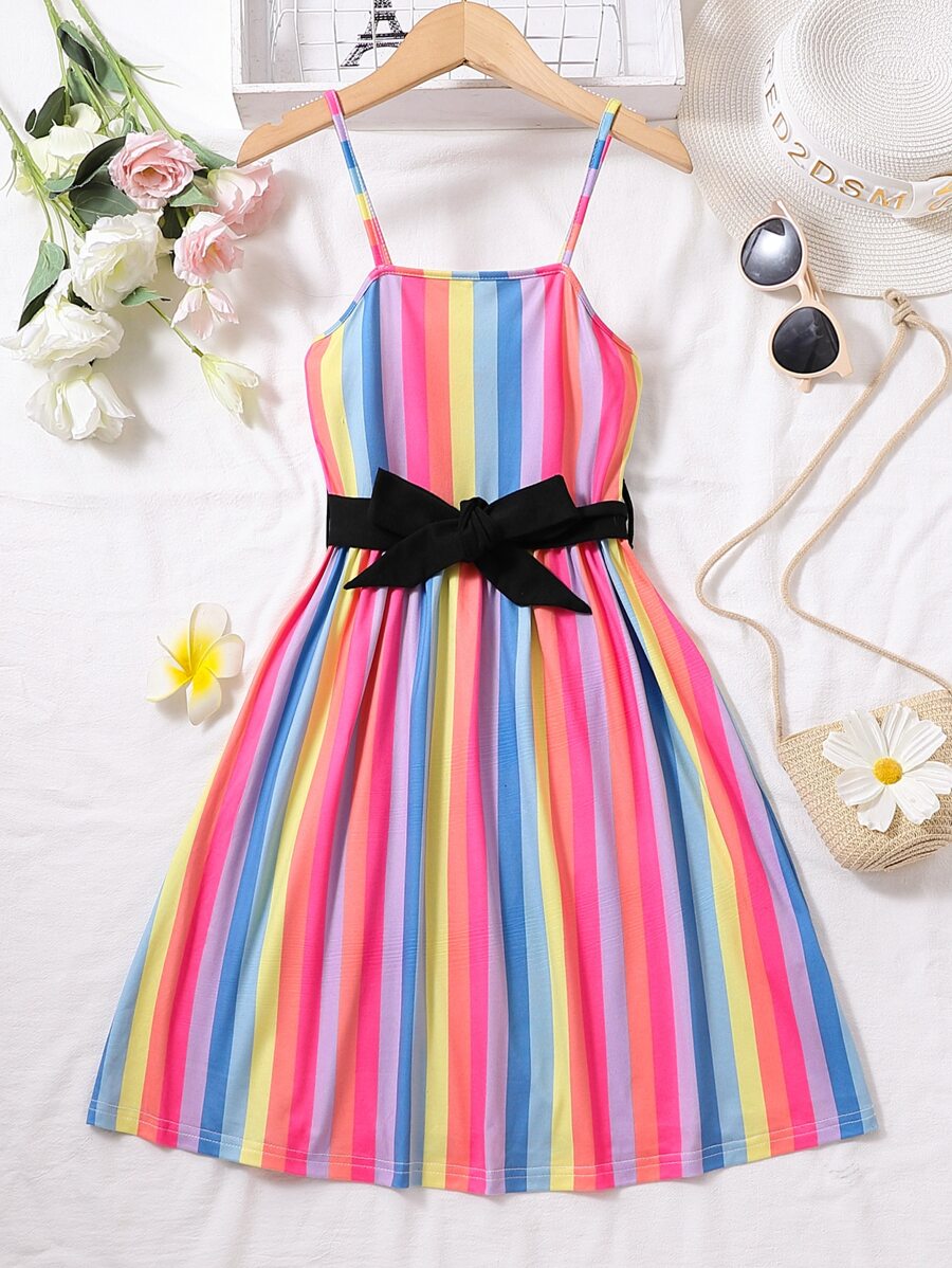 Girls Rainbow Striped Print Cami Dress - Multicolor - View 1