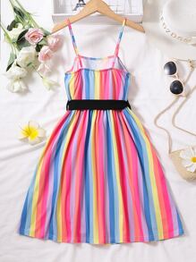 Girls Rainbow Striped Print Cami Dress - Multicolor - View 2