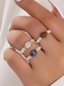 3pcs/Set Women Daily Wear Natural Stone & Pearl Stretch Rings - Multicolor - View 1