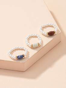 3pcs/Set Women Daily Wear Natural Stone & Pearl Stretch Rings - Multicolor - View 2