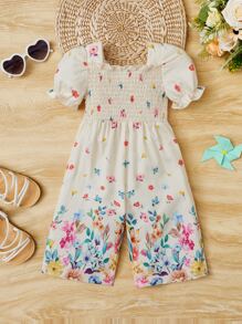 SHEIN 嬰兒女孩花卉印花泡泡袖集約束腰連體褲 - 白色 - 查看 1