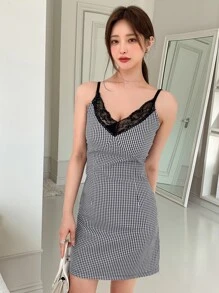 DAZY Gingham Print Contrast Lace Cami Dress - Black and White - View 6