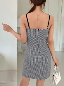 DAZY Gingham Print Contrast Lace Cami Dress - Black and White - View 7
