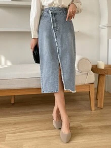 DAZY Cao eo Xén Thô Tách đùi Váy Denim - Rửa nhẹ - Xem 1