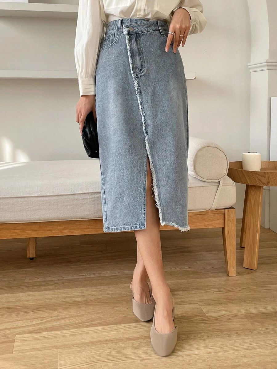 DAZY Cao eo Xén Thô Tách đùi Váy Denim - Rửa nhẹ - Xem 1