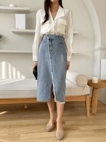 DAZY Cao eo Xén Thô Tách đùi Váy Denim - Rửa nhẹ - Xem 3