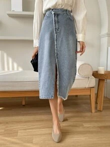DAZY Cao eo Xén Thô Tách đùi Váy Denim - Rửa nhẹ - Xem 4